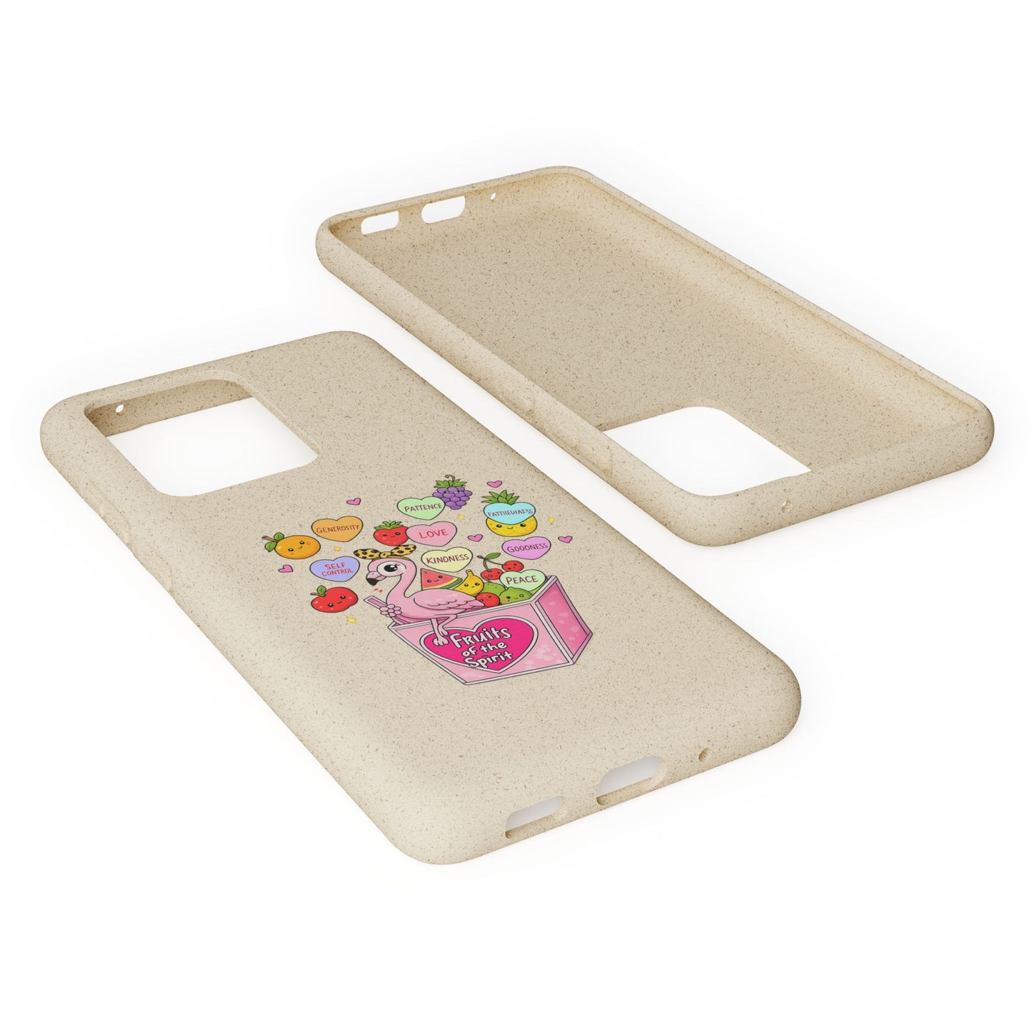 Biodegradable Phone Case — Cute Flamingo & Fruit Hearts "Fruity Love" Eco-Friendly iPhone Cover