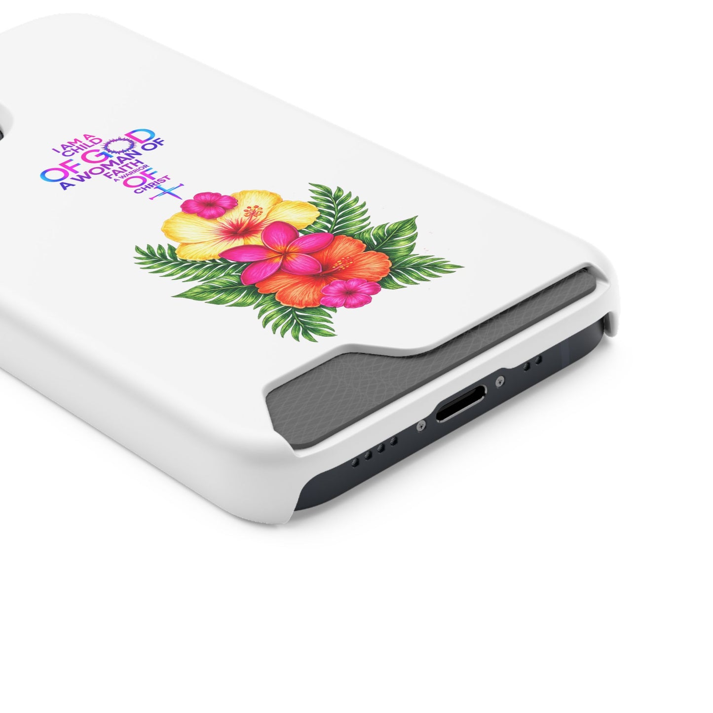 Phone Case with Card Holder — Floral Cross Design: "I Am a Child of God, A Woman of Faith"