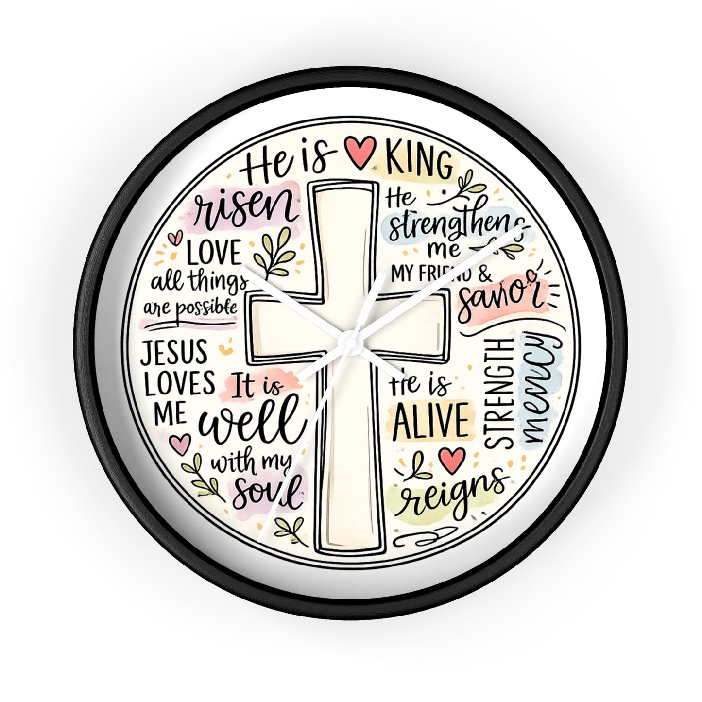 Christian Cross Wall Clock — Inspirational Scripture Quote Home Decor (He is Risen • It Is Well • Jesus Loves Me)