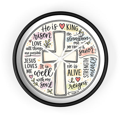 Christian Cross Wall Clock — Inspirational Scripture Quote Home Decor (He is Risen • It Is Well • Jesus Loves Me)