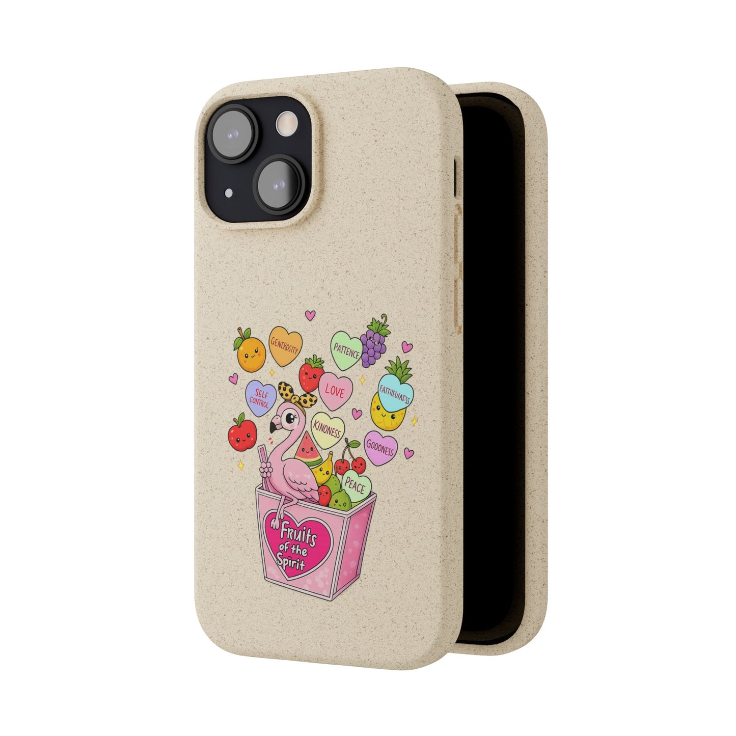 Biodegradable Phone Case — Cute Flamingo & Fruit Hearts "Fruity Love" Eco-Friendly iPhone Cover