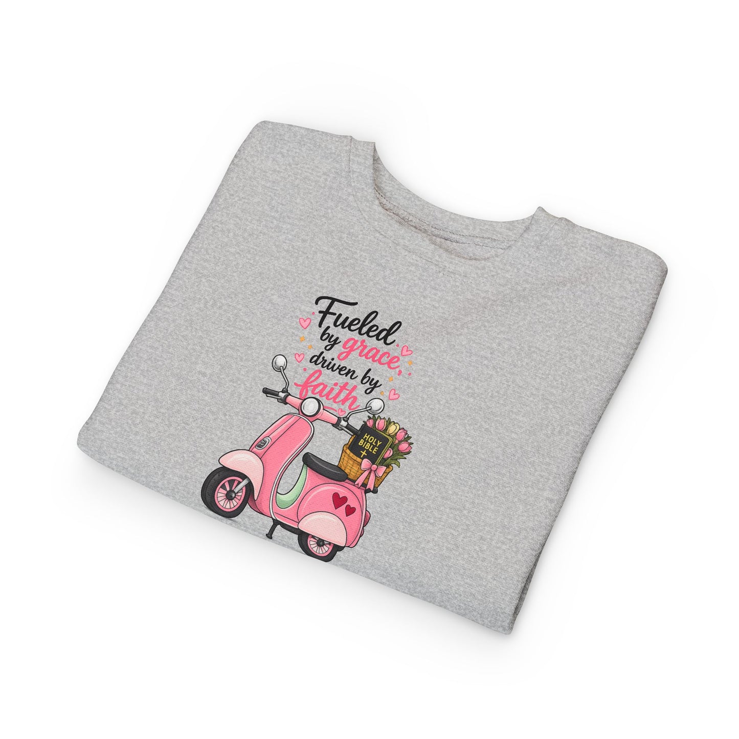 Toddlers' Faith Sweatshirt — "Fueled by Grace, Driven by Faith" Pink Scooter
