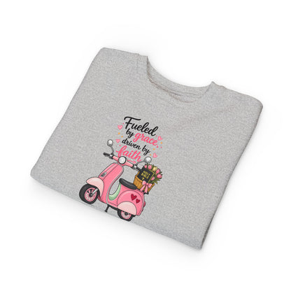 Toddlers' Faith Sweatshirt — "Fueled by Grace, Driven by Faith" Pink Scooter
