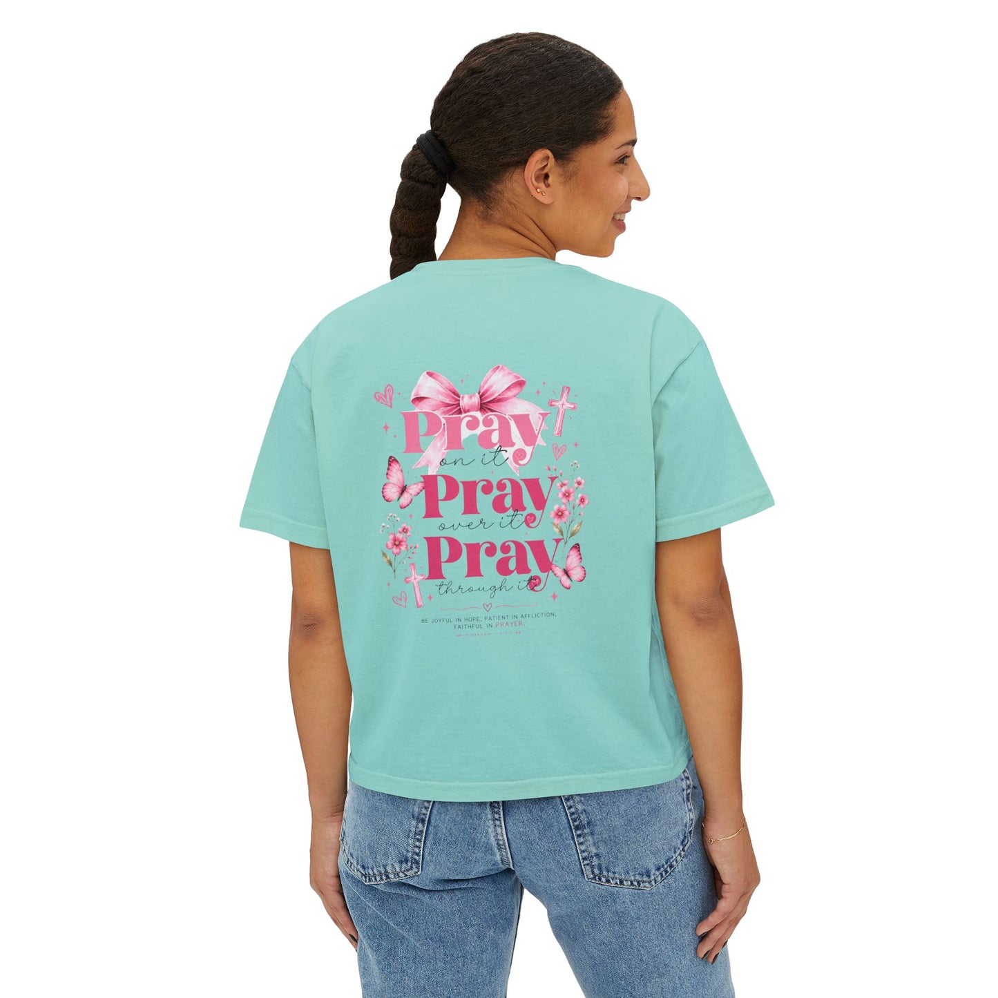 Women's Boxy Tee — Pink Floral Cross "Pray" Christian Graphic Shirt