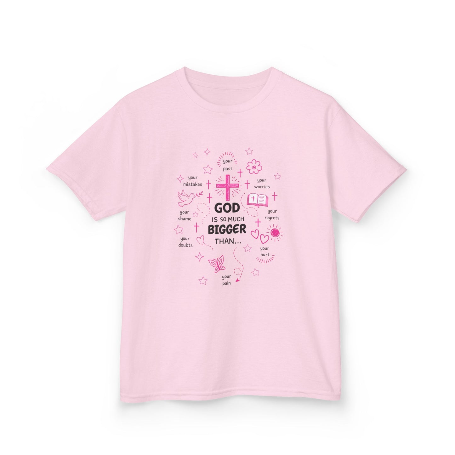 Kids T-Shirt — "God Is Bigger Than" Pink Faith Graphic Tee