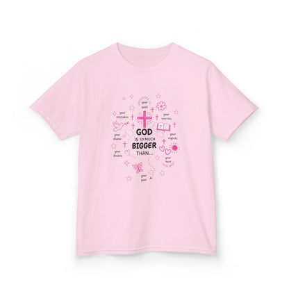 Kids T-Shirt — "God Is Bigger Than" Pink Faith Graphic Tee