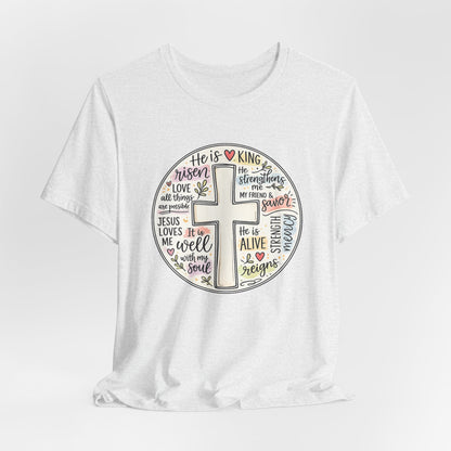 Christian Cross Faith T-Shirt — He Is Risen Inspirational Graphic Tee
