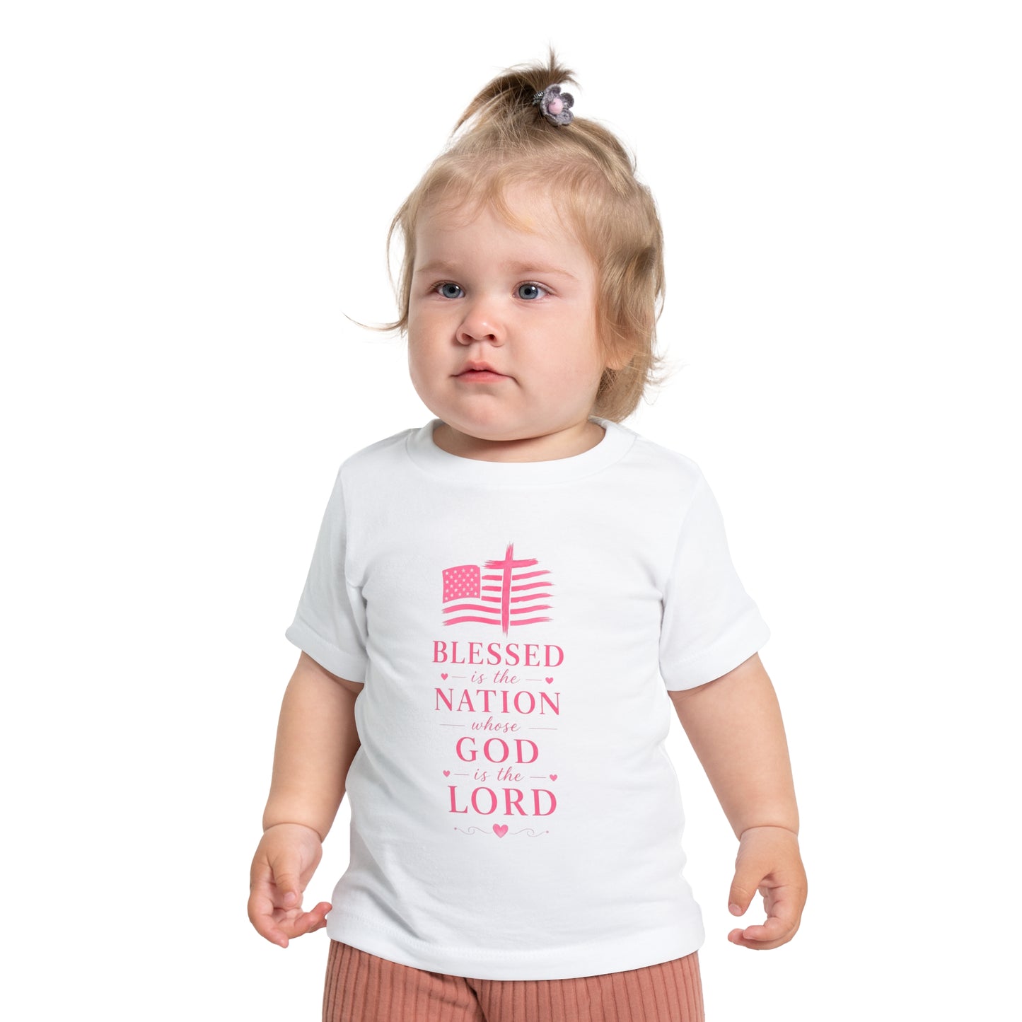 Baby T-Shirt — Pink Christian Faith Design: “Blessed is the Nation” & Heart Alarm “God’s Timing is Perfect”