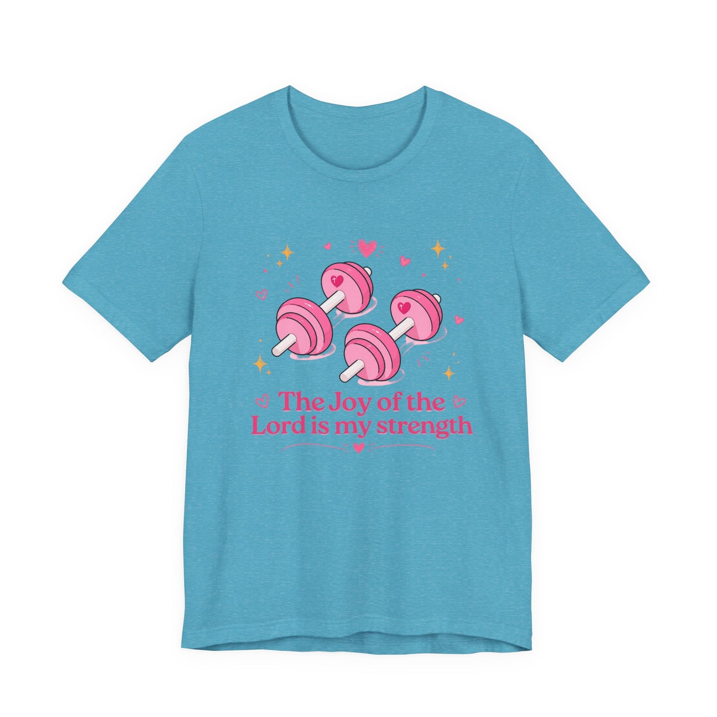 Christian Fitness T-Shirt — “The Joy of the Lord is My Strength” Pink Dumbbells Tee