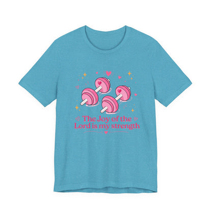 Christian Fitness T-Shirt — “The Joy of the Lord is My Strength” Pink Dumbbells Tee