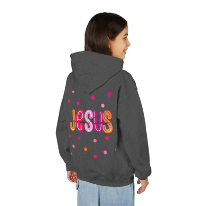 Youth Hoodie — “Jesus” Colorful Polka Dot Christian Pullover