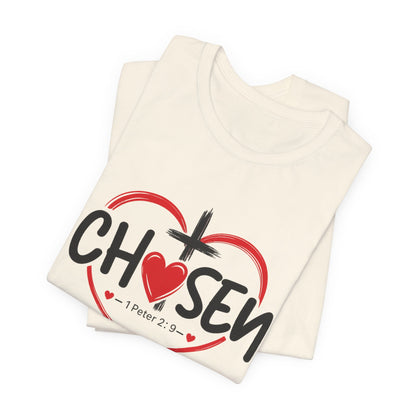 Chosen Heart Christian T-Shirt — "Chosen" with Cross & 1 Peter 2:9 Faith Tee