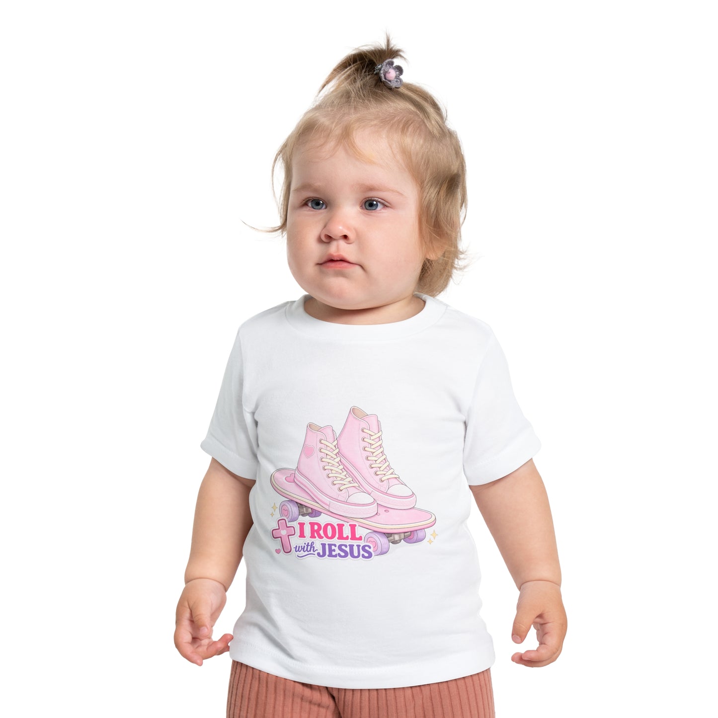 Baby T-Shirt — Pink Roller Skates "I Roll with Jesus" | Christian Infant Tee