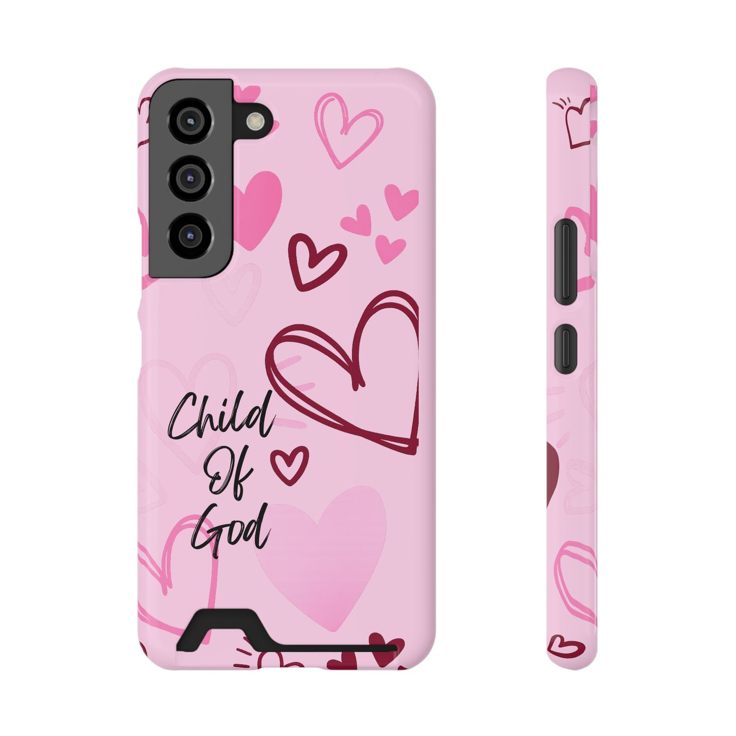 Pink "Child of God" Phone Card Case — Heart Pattern Religious Phone Case with Card Holder