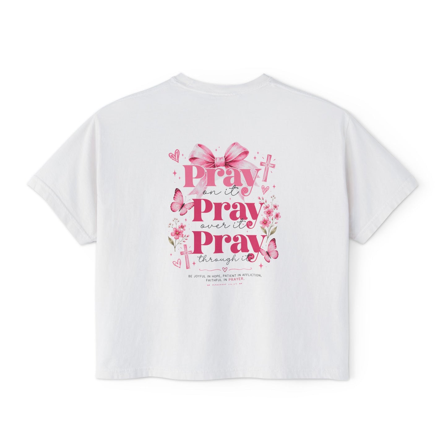 Women's Boxy Tee — Pink Floral Cross "Pray" Christian Graphic Shirt