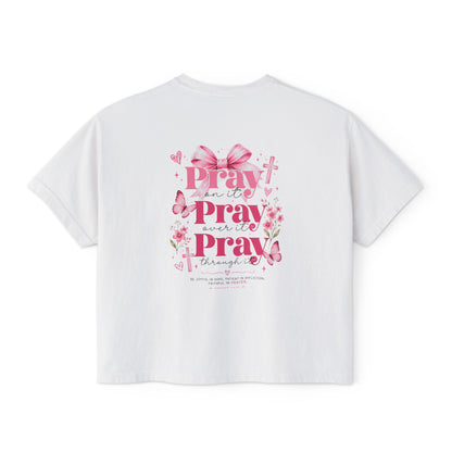 Women's Boxy Tee — Pink Floral Cross "Pray" Christian Graphic Shirt