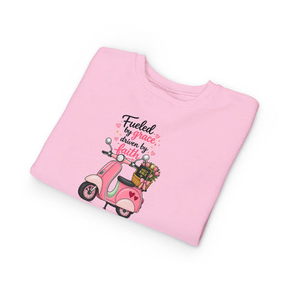 Toddlers' Faith Sweatshirt — "Fueled by Grace, Driven by Faith" Pink Scooter