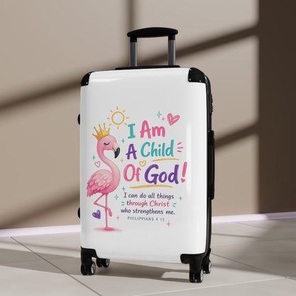 Child of God Kids Suitcase – Pink Flamingo Faith Travel Luggage (Philippians 4:13)