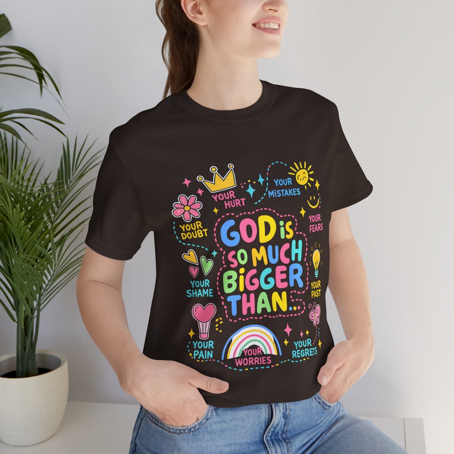 Christian T‑Shirt — "God Is So Much Bigger Than..." Pastel Faith Tee