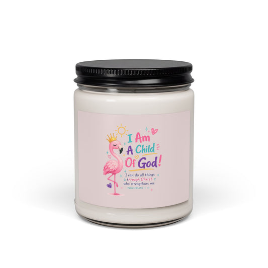 Child of God Soy Candle — 9oz Scented Jar with Flamingo Design