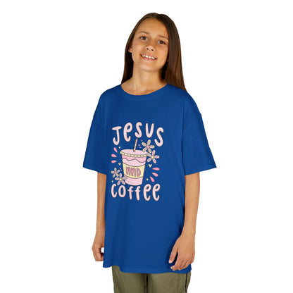 Kids Tee — “Jesus & Coffee” Cute Pastel Faith Graphic