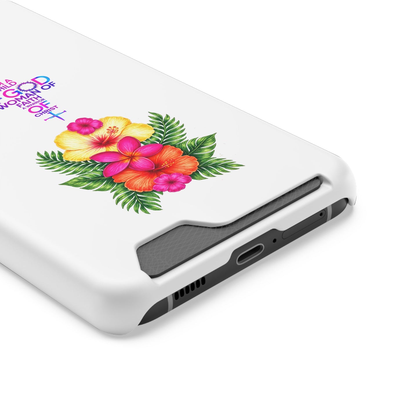 Phone Case with Card Holder — Floral Cross Design: "I Am a Child of God, A Woman of Faith"