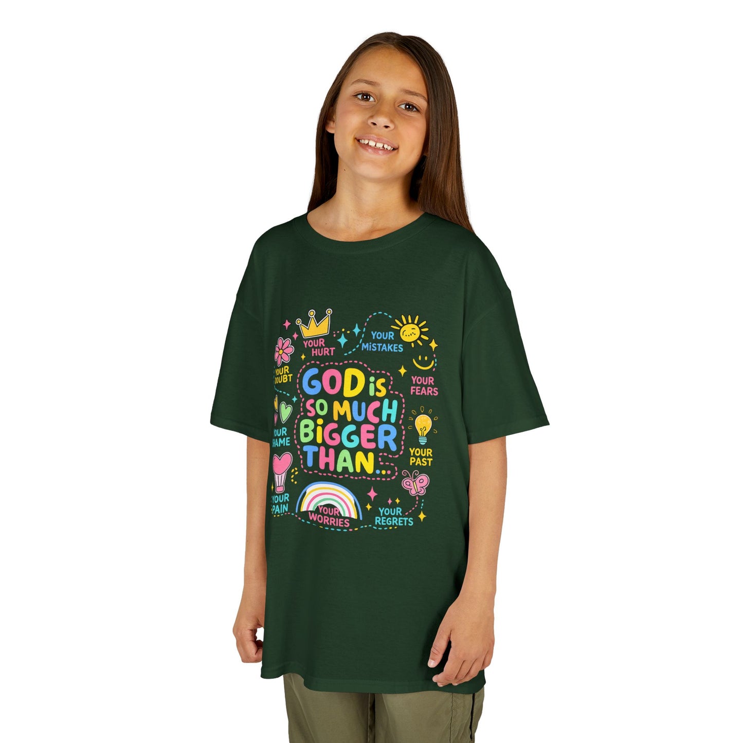 UNISEX Kids Tee — "God Is So Much Bigger Than" Colorful Faith Graphic