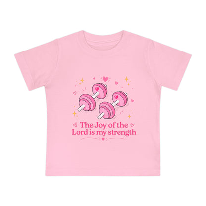 Baby Tee — "The Joy of the Lord is My Strength" Pink Dumbbell Christian Infant Shirt