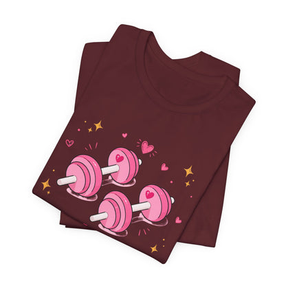 Christian Fitness T-Shirt — “The Joy of the Lord is My Strength” Pink Dumbbells Tee
