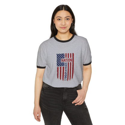 One Nation Under God Ringer T‑Shirt — Vintage American Flag Patriotic Tee