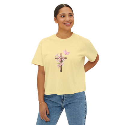 Women's Boxy Tee — Pink Floral Cross "Pray" Christian Graphic Shirt