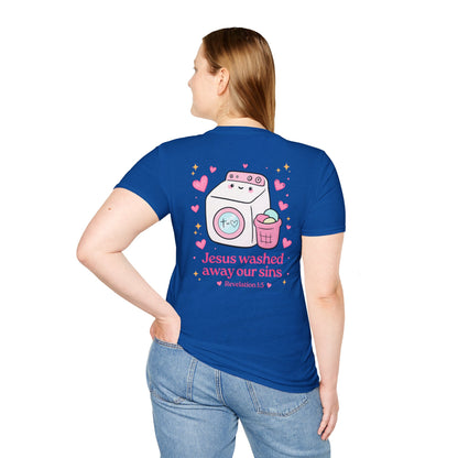 Christian T-Shirt – “Jesus Washed Away Our Sins” Cute Washing Machine Design