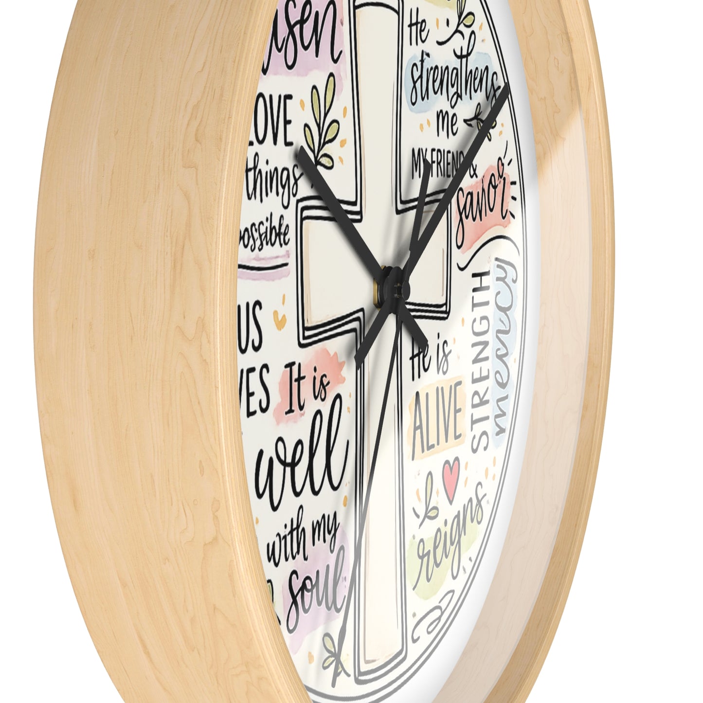 Christian Cross Wall Clock — Inspirational Scripture Quote Home Decor (He is Risen • It Is Well • Jesus Loves Me)