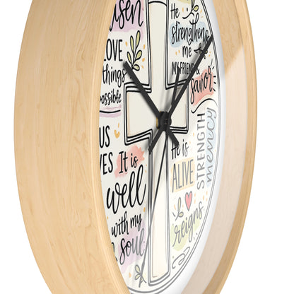 Christian Cross Wall Clock — Inspirational Scripture Quote Home Decor (He is Risen • It Is Well • Jesus Loves Me)