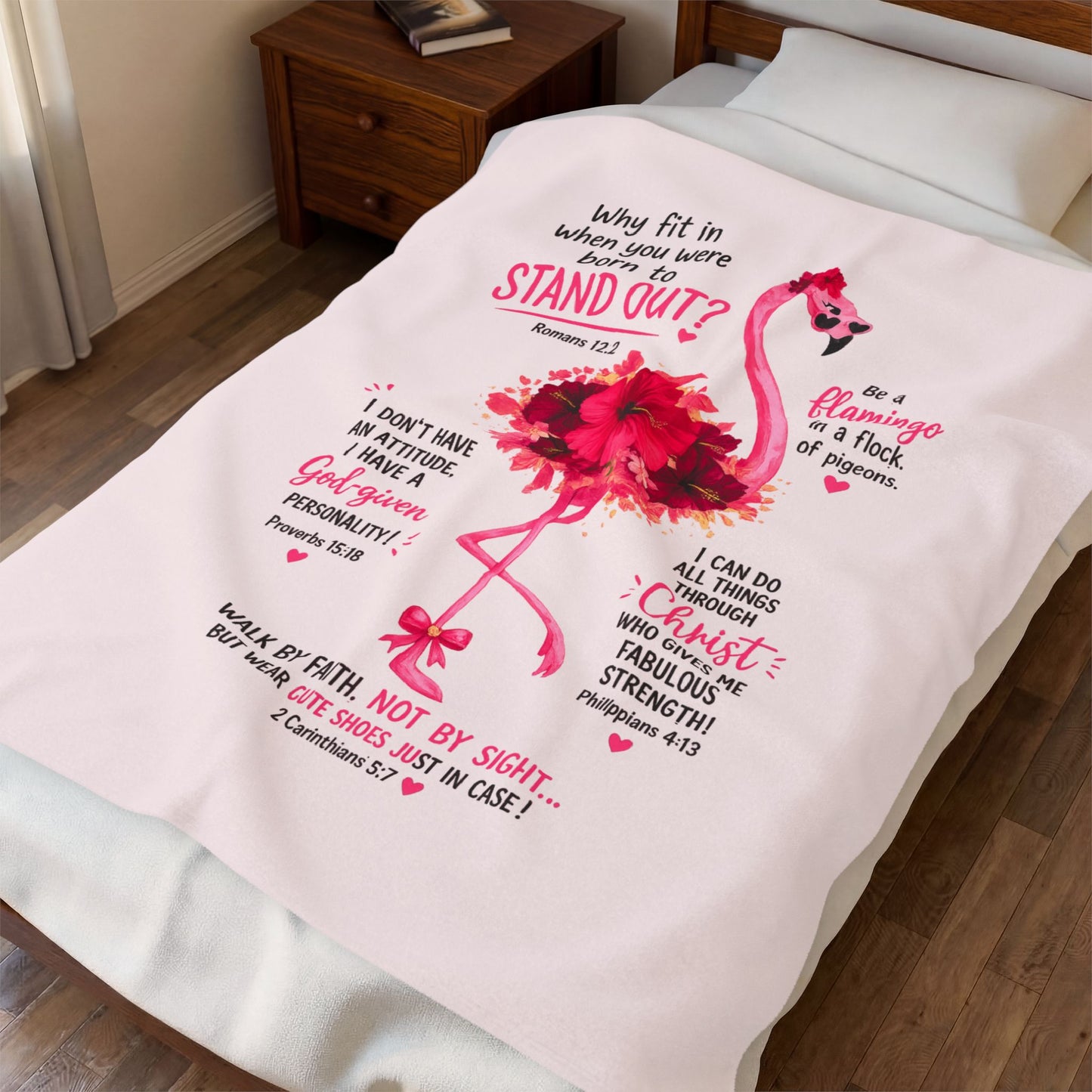 Flamingo Faith Velveteen Plush Blanket – Inspirational Bible Verse Throw ("Stand Out")