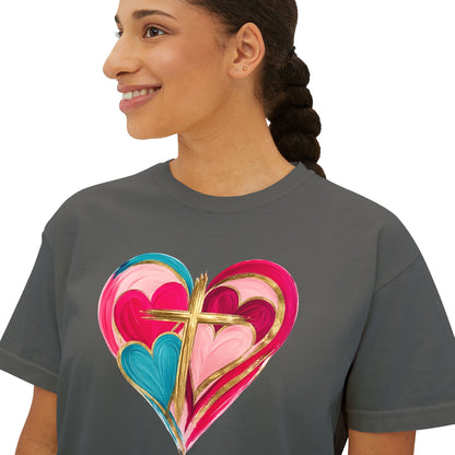 Heart Cross Women's Boxy Tee — Colorful Watercolor Heart Graphic