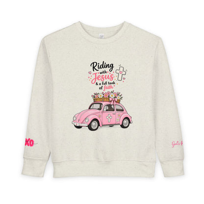 Toddler Sweatshirt - "Riding with Jesus" Pink Beetle Faith Kids Pullover