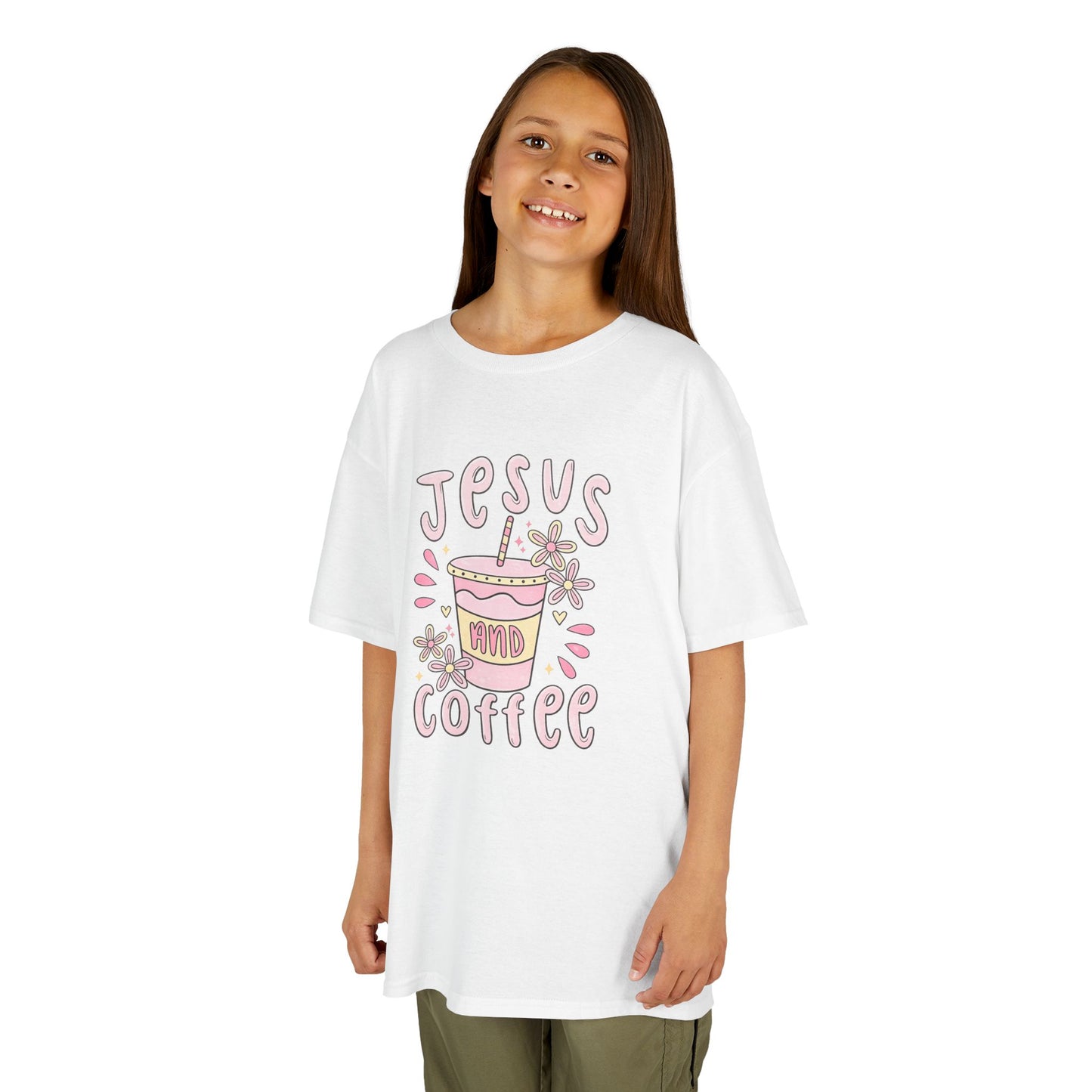 Kids Tee — “Jesus & Coffee” Cute Pastel Faith Graphic