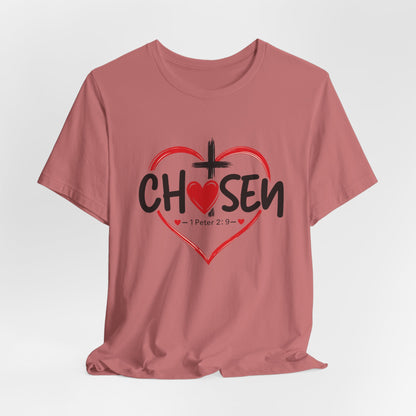 Chosen Heart Christian T-Shirt — "Chosen" with Cross & 1 Peter 2:9 Faith Tee