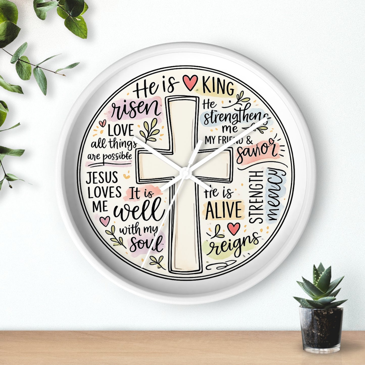 Christian Cross Wall Clock — Inspirational Scripture Quote Home Decor (He is Risen • It Is Well • Jesus Loves Me)
