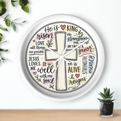 Christian Cross Wall Clock — Inspirational Scripture Quote Home Decor (He is Risen • It Is Well • Jesus Loves Me)