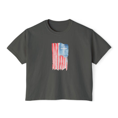 Blessed Tee — Women’s Boxy Christian T-Shirt with Flag Cross (Psalm 33:12)