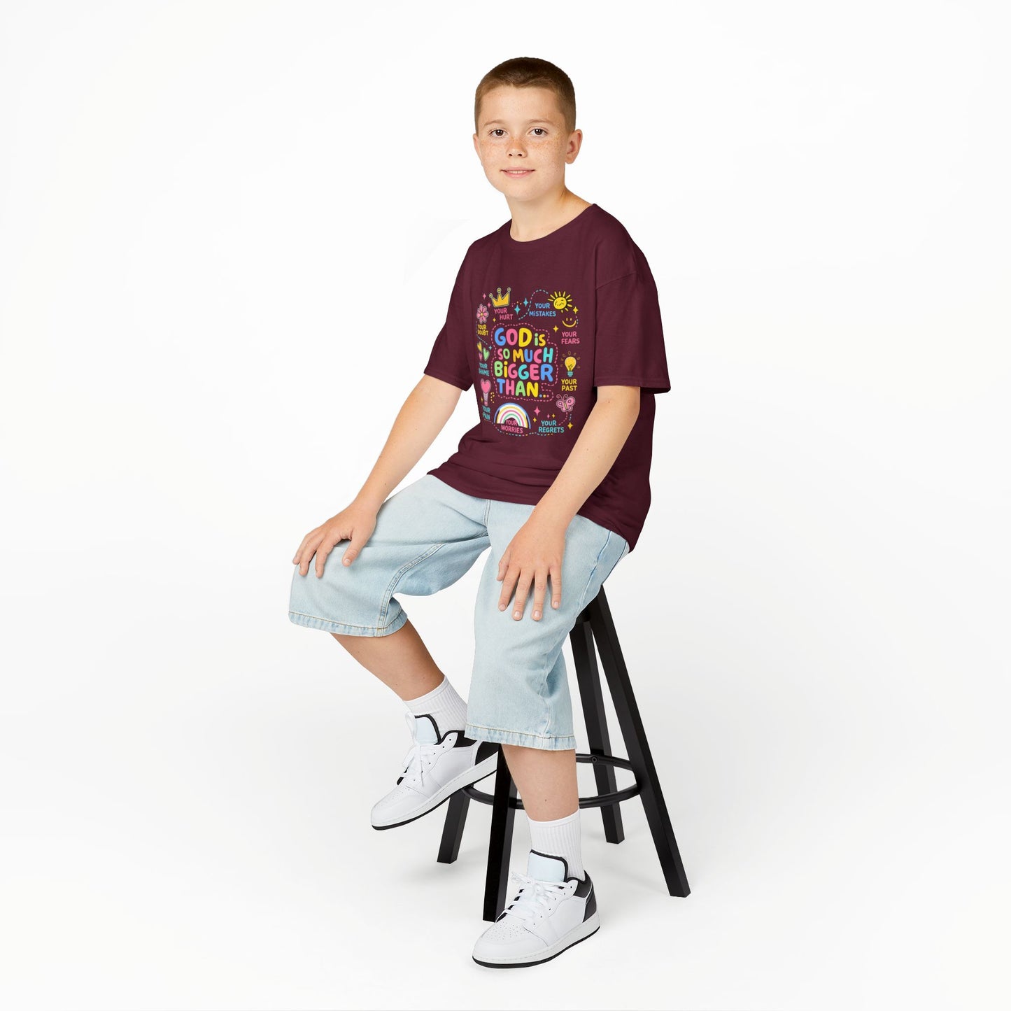 UNISEX Kids Tee — "God Is So Much Bigger Than" Colorful Faith Graphic