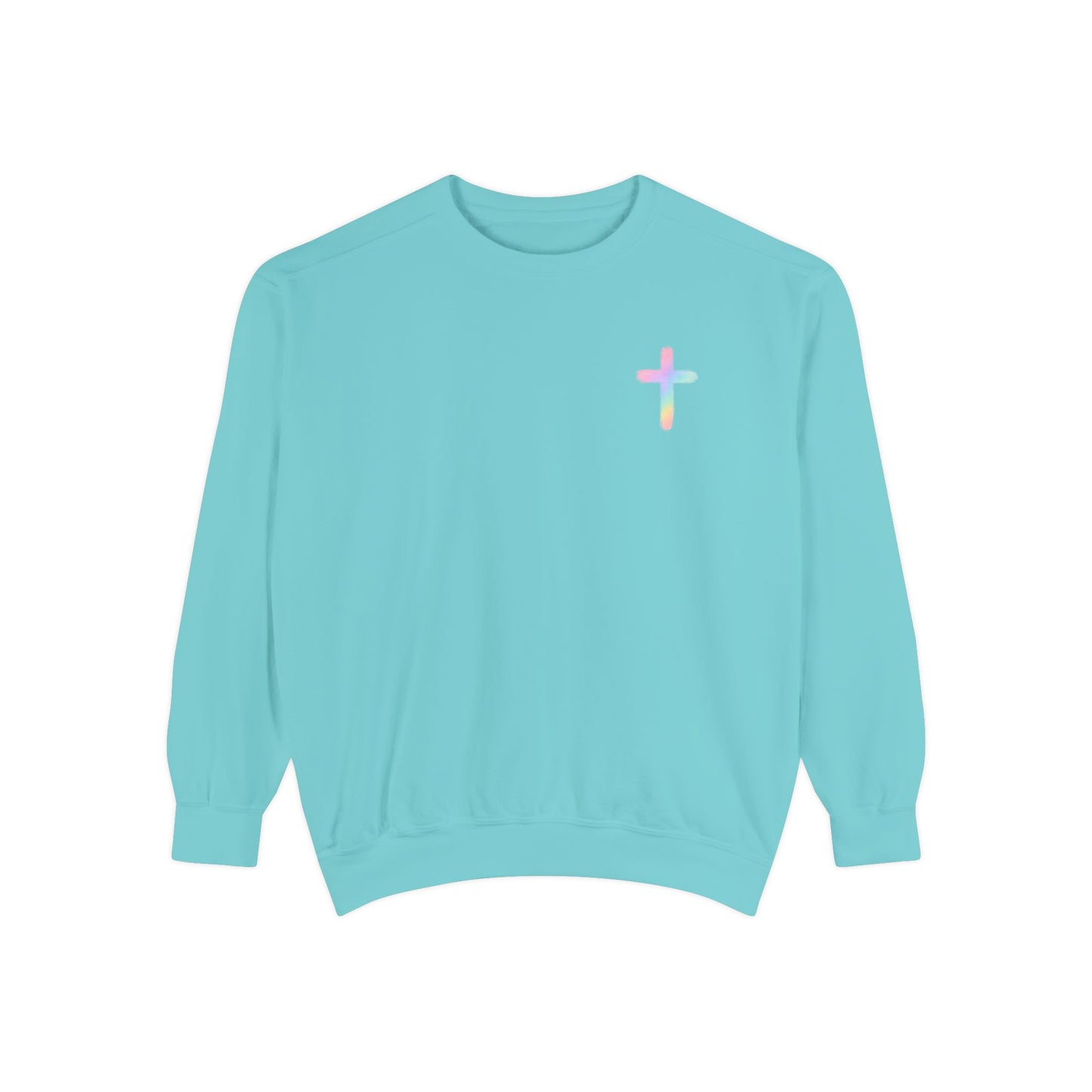 Christian Cross Sweatshirt — Pink Faith Message Garment-Dyed Crewneck