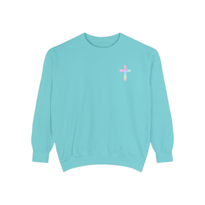 Christian Cross Sweatshirt — Pink Faith Message Garment-Dyed Crewneck