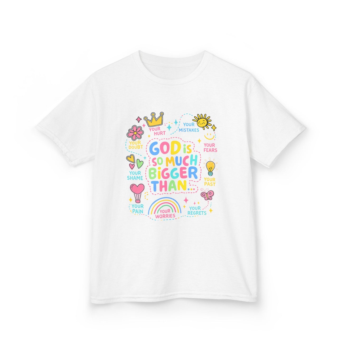 UNISEX Kids Tee — "God Is So Much Bigger Than" Colorful Faith Graphic