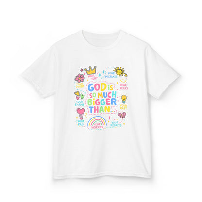 UNISEX Kids Tee — "God Is So Much Bigger Than" Colorful Faith Graphic