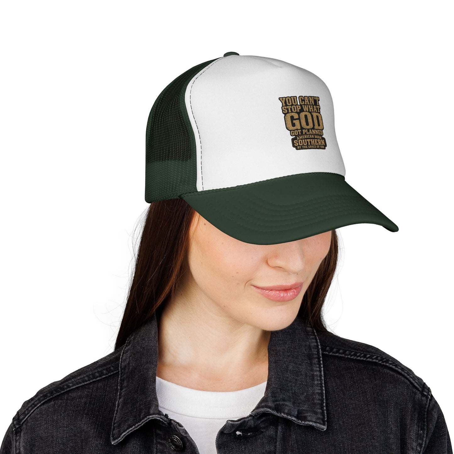 Southern Faith Trucker Cap — "You Can't Stop What God Got Planned" Mesh Hat