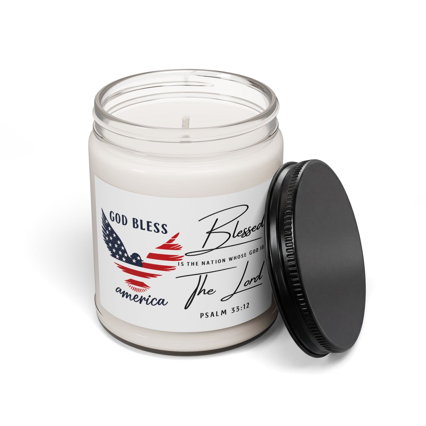 God Bless America Soy Candle — Patriotic Psalm 33:12 Scented 9oz Jar