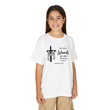 Youth T-Shirt - "By His Wounds We Are Healed" Christian Cross Tee